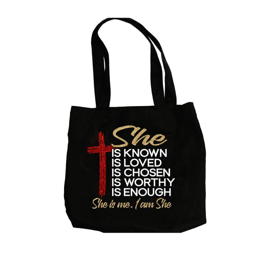 Unleash your true identity with our 'She is me. I am She.' tote bag