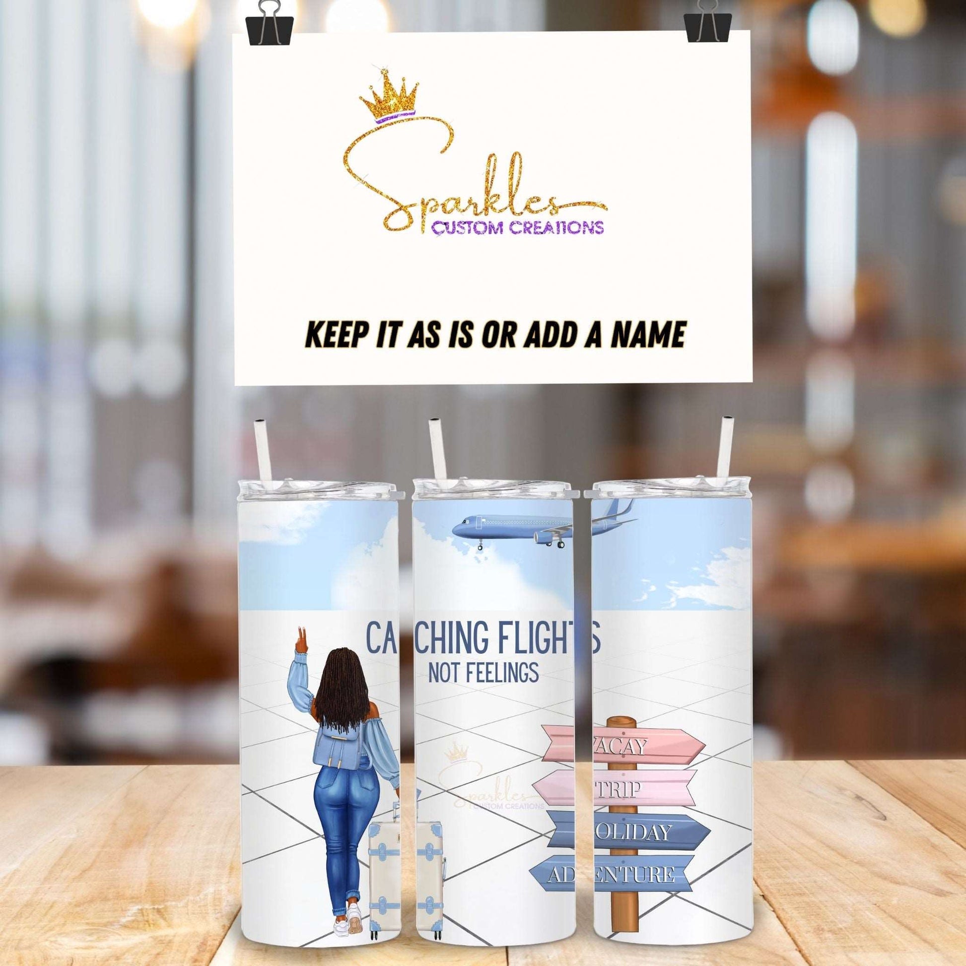 Afrocentric Wanderlust: Stylish 'She's Catching Flights' Graphic Tumbler for Jet-Setters"