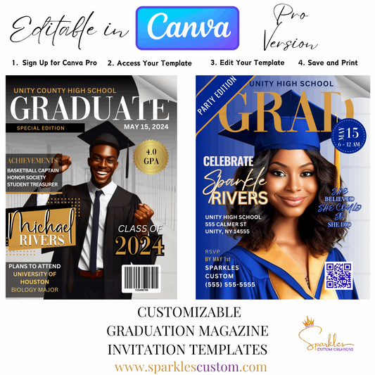 Customizable Graduation Magazine Announcement and Invitation Templates: Editable in Canva Pro