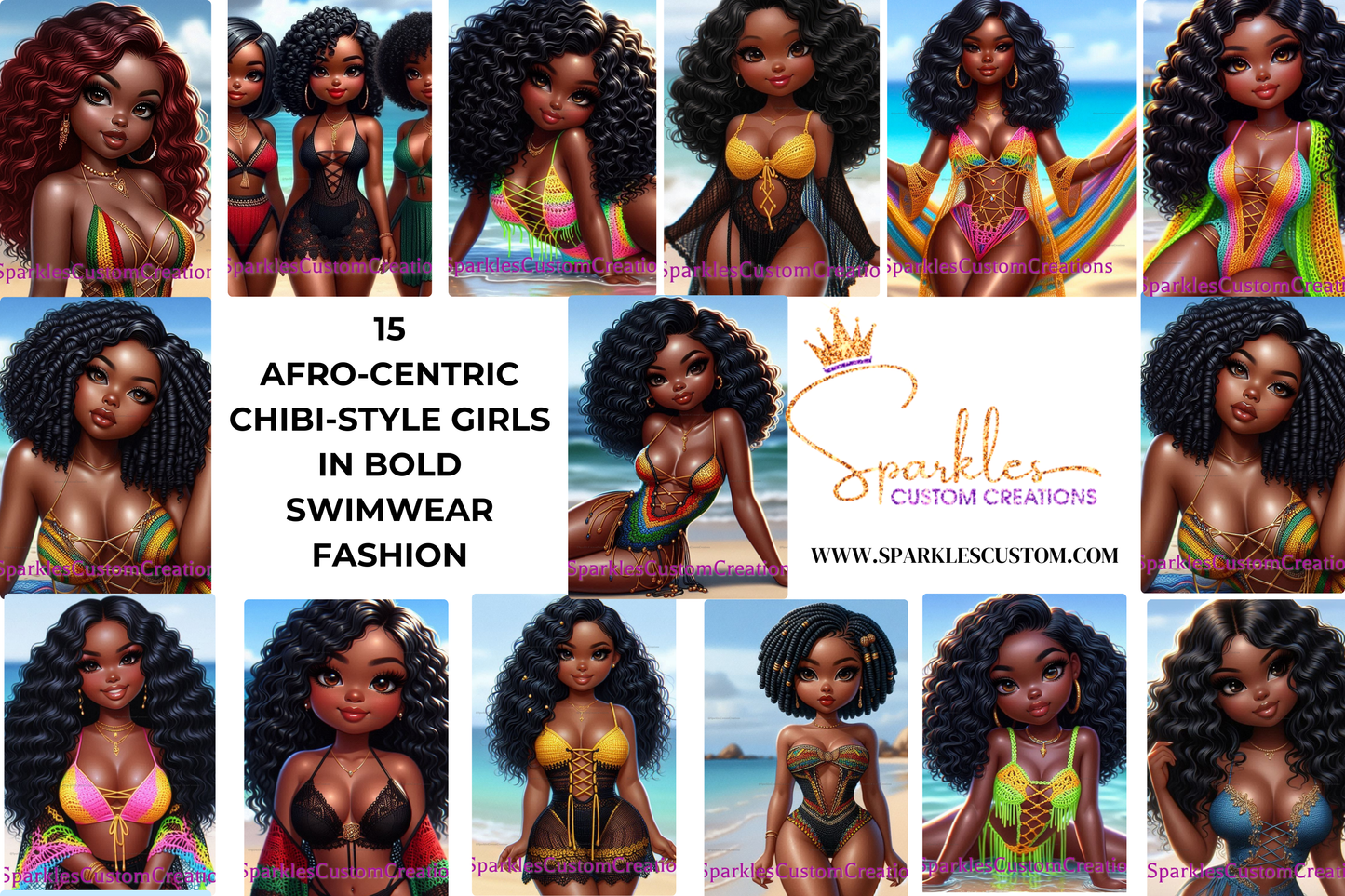 Afro-Centric Chibi-style Girls in Bold Swimwear-Canva Editable